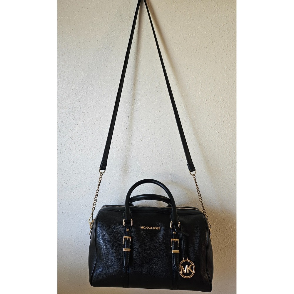 Michael Kors Medium Bedford Black/Gold Pebbled Leather Duffle Satchel Crossbody - Picture 14 of 16